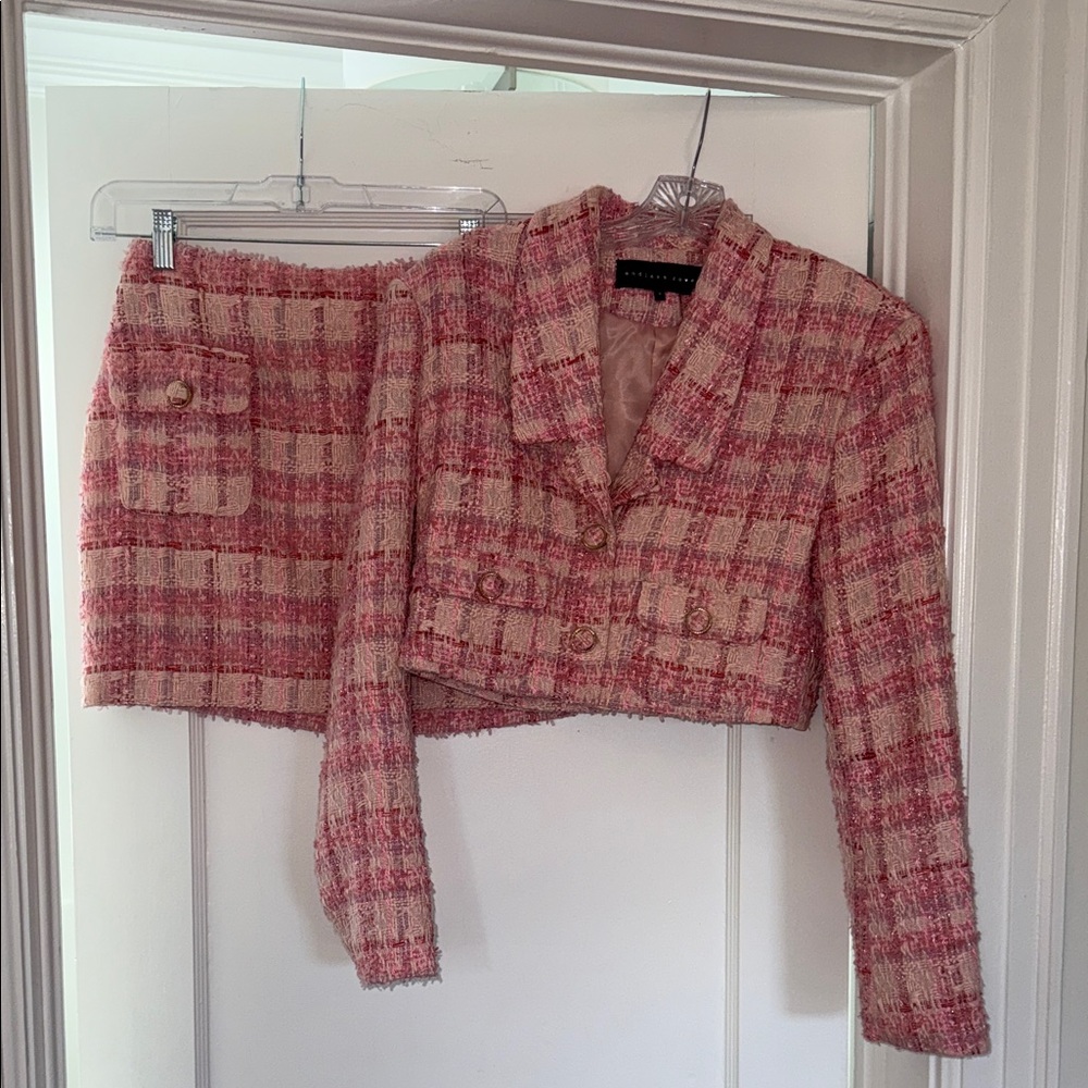 Endless Rose Pink Plaid Tweed Cropped Blazer and Mini Skirt Set